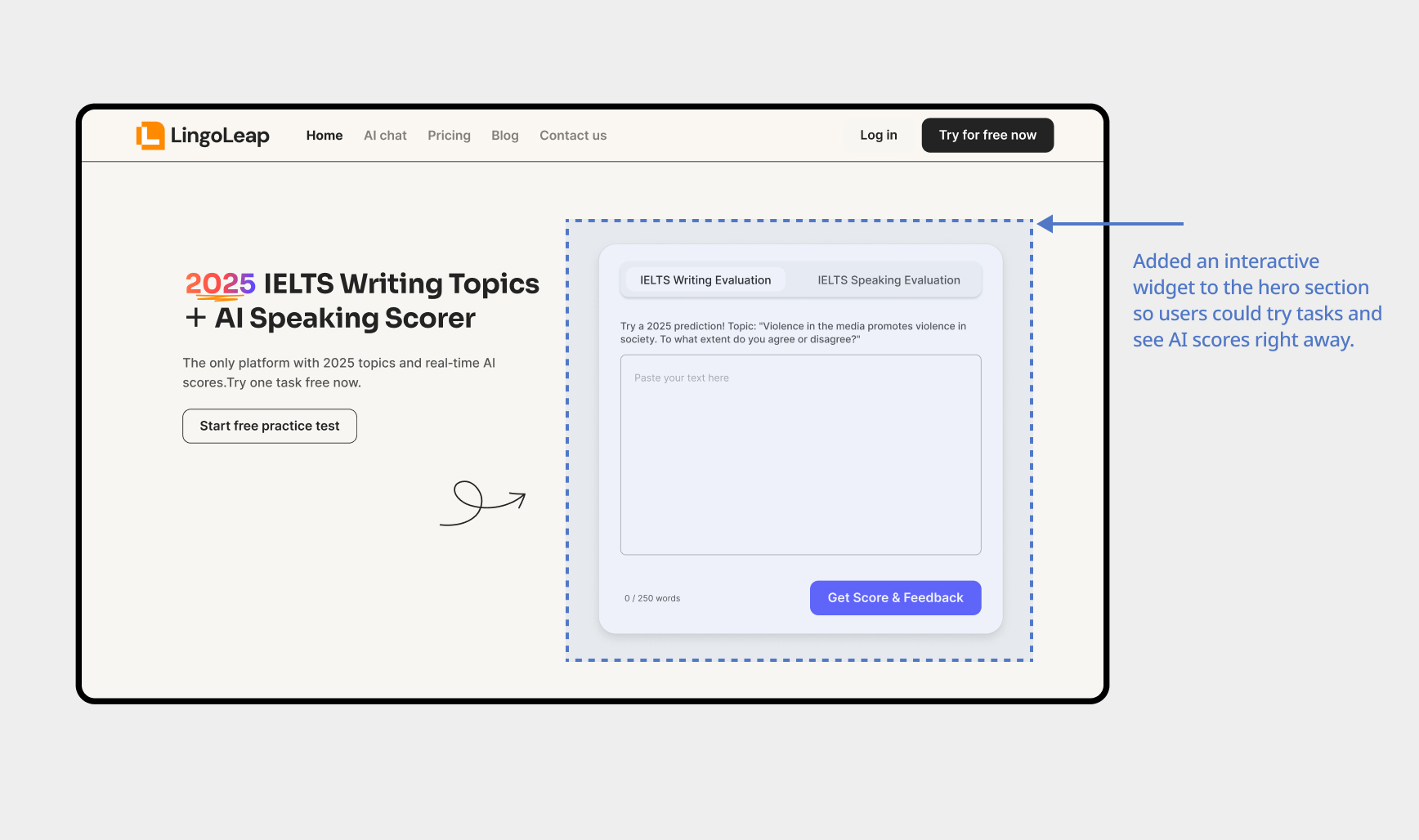 New landing page design with interactive widget