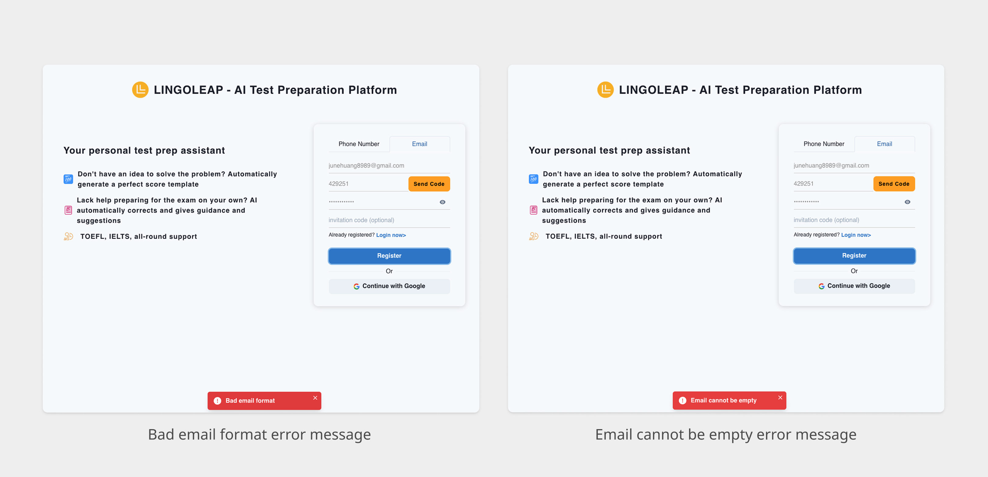 Bad email format message and Email cannot be empty error message